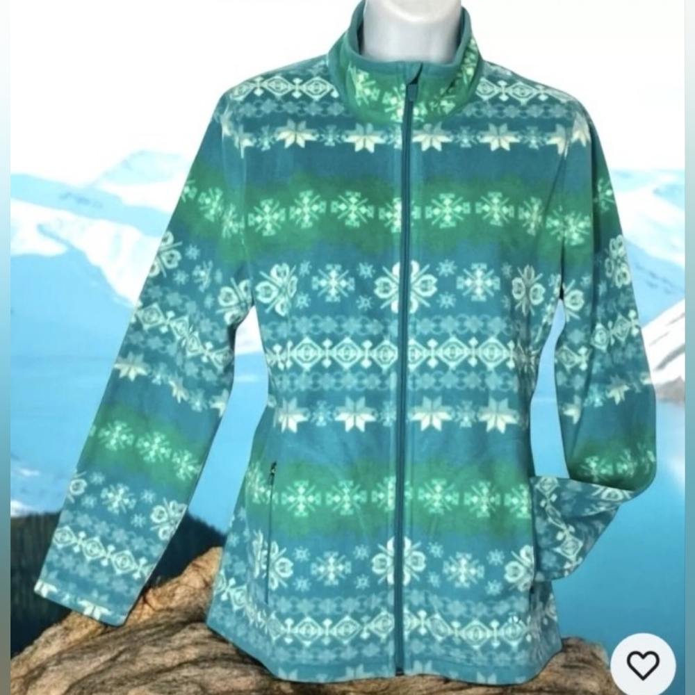 T for Talbots fleece full zip green blue snowflakes sz S